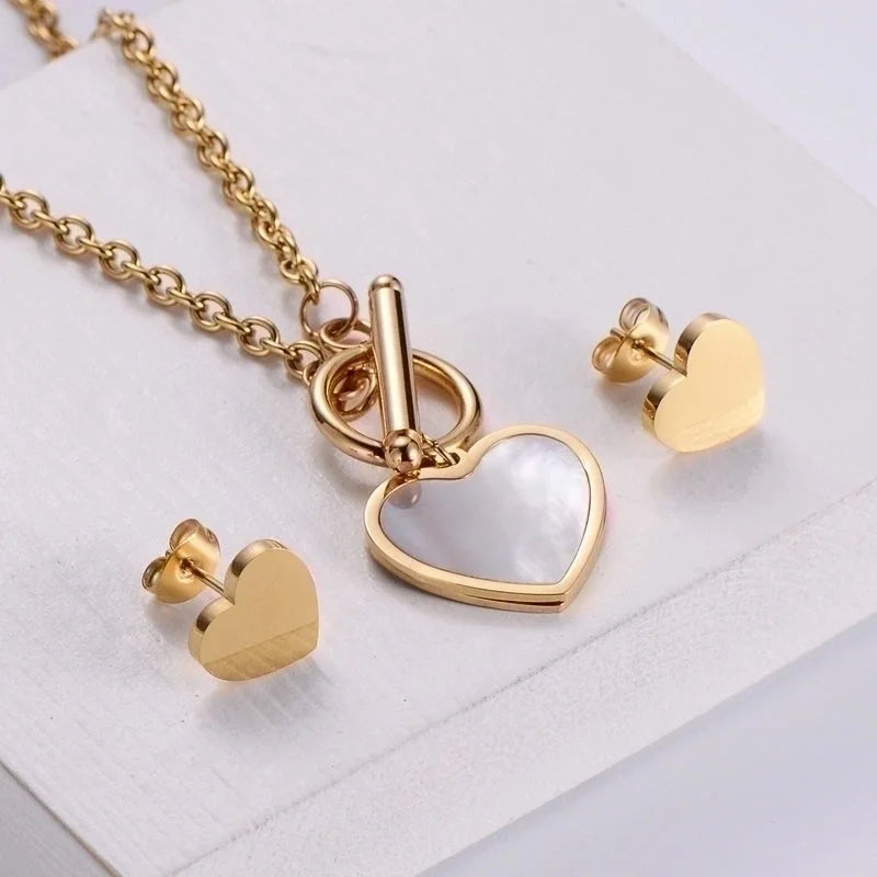 3 Pieces 304 Stainless Steel 18K Gold Plated Fashion Plating Heart Shell Earrings Necklace