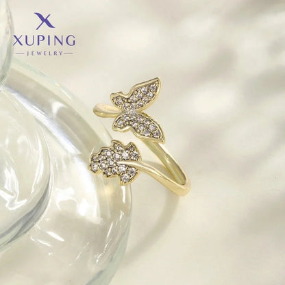 Copper 18K Gold Plated Inlay Geometric Butterfly Fish Tail Artificial Gemstones Open Rings