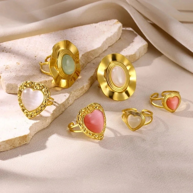 Elegant French Style Sweet Heart Shape 304 Stainless Steel Synthetic Gemstones Open Rings