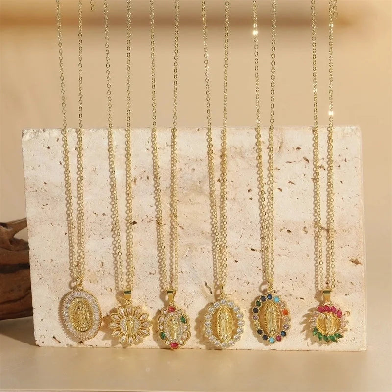 Vintage Style Minimalist Commute Round Copper Inlay 14K Gold Plated Zircon Pendant Necklace