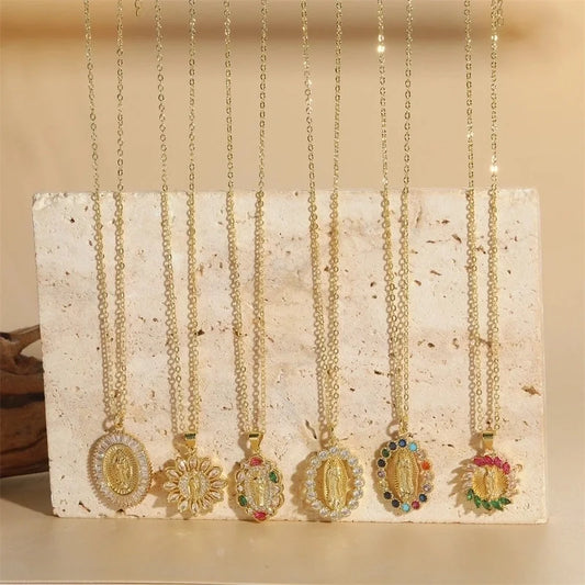 Vintage Style Minimalist Commute Round Copper Inlay 14K Gold Plated Zircon Pendant Necklace