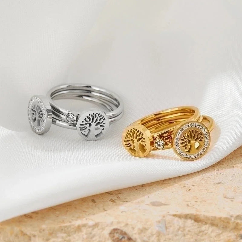 3 Pieces Retro Tree 304 Stainless Steel Rhinestones 16K Gold Plated White Gold Plated Gold Plated Inlay Stainless Steel Rings