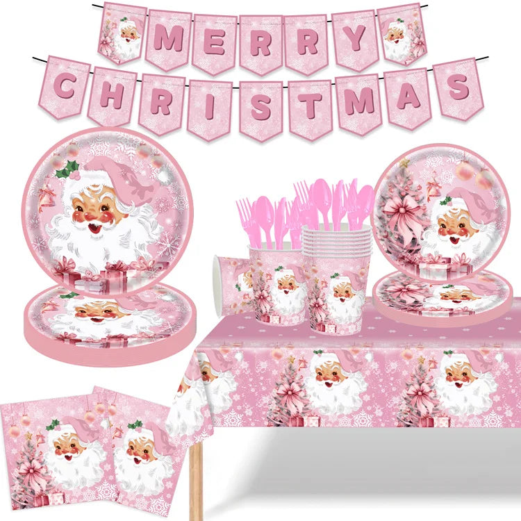 3 Pieces Pink Christmas Theme Party Tableware Set Birthday Pink Christmas Party Tablecloth Paper Plate Paper Towel Paper Cup