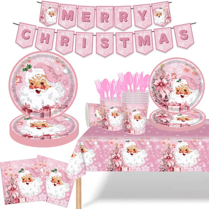 3 Pieces Pink Christmas Theme Party Tableware Set Birthday Pink Christmas Party Tablecloth Paper Plate Paper Towel Paper Cup