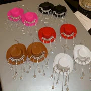 Cowboy Hat Water Drop Diamond Tassel Ear Hook Fashion Personality Creative Long Eardrop Hot Girl Sweet Cool Wind Earrings