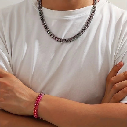 2 Pieces Hip-Hop Solid Color Alloy Titanium Steel Plating Men\'S Bracelets Necklace