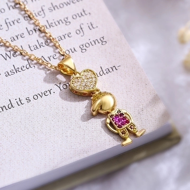 Minimalist Commute Human Heart Shape Copper Plating Inlay Zircon 18k Gold Plated Pendant Necklace