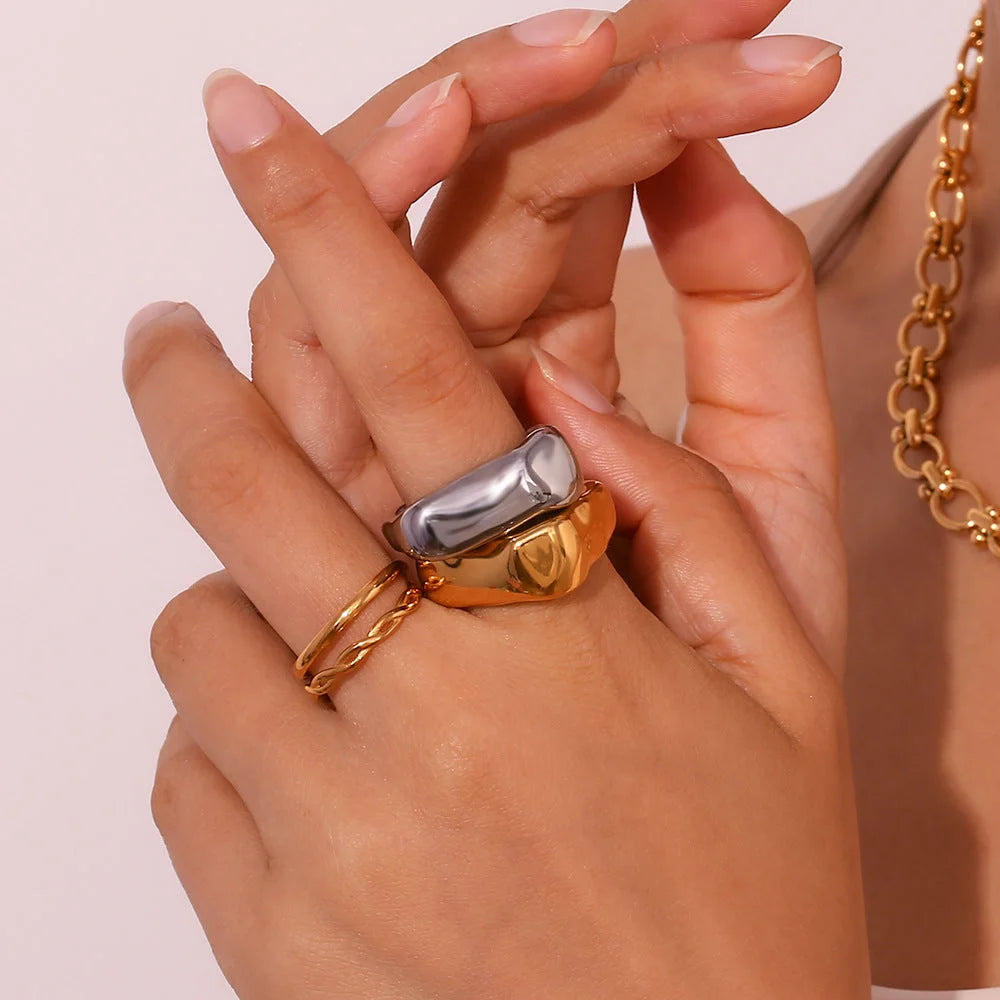 Minimalist Women Quadrilateral Circle Geometric Stainless Steel 18K Gold Plated Rings