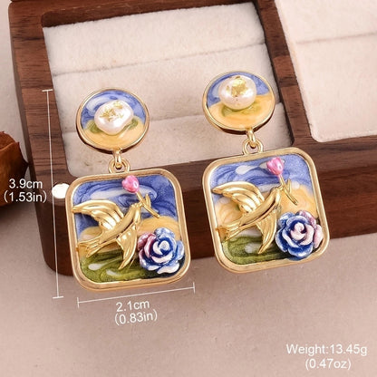 1 Pair Minimalist Classic Style Flower Butterfly Enamel Inlay Alloy Copper Natural Pearl Zircon Drop Earrings