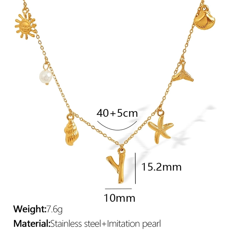 Beach Starfish 304 Stainless Steel Artificial Pearls 18K Gold Plated Polishing Inlay Pendant Necklace