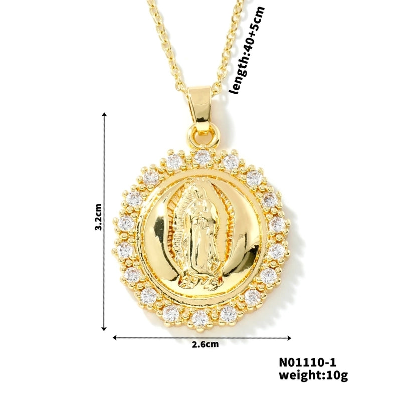 Vintage Style Classic Style Geometric Round Virgin Mary 304 Stainless Steel Copper Zircon K Gold Plated Inlay Pendant Necklace