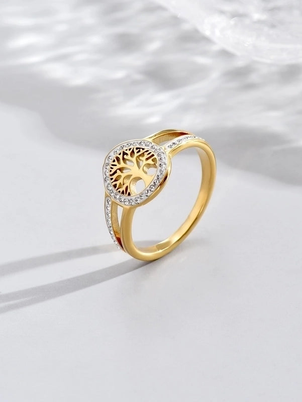 Elegant Commute Life Tree 304 Stainless Steel Rhinestones 14K Gold Plated Plating Hollow Out Inlay Rings