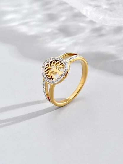 Elegant Commute Life Tree 304 Stainless Steel Rhinestones 14K Gold Plated Plating Hollow Out Inlay Rings