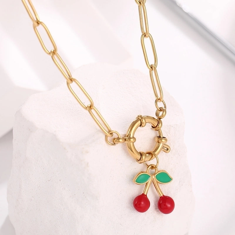 Elegant Minimalist Cherry 304 Stainless Steel Zircon 18K Gold Plated Inlay Pendant Necklace