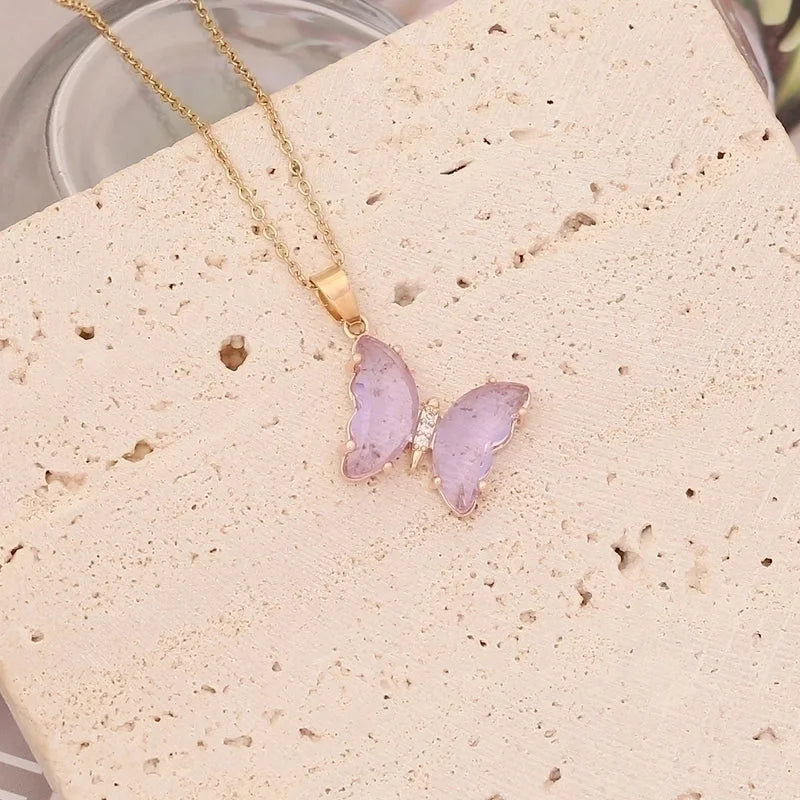 Stainless Steel Glass Copper 18K Gold Plated Cute Butterfly No Inlaid Pendant Necklace