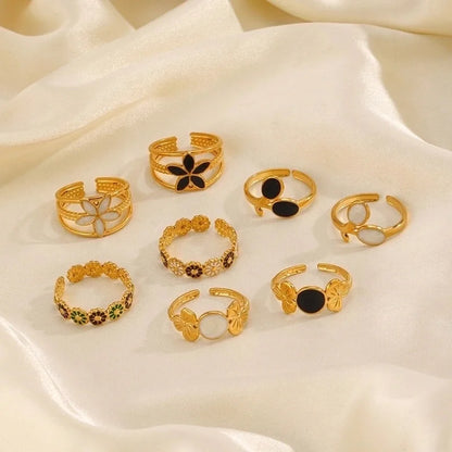304 Stainless Steel 18K Gold Plated Minimalist Enamel Flower Open Rings