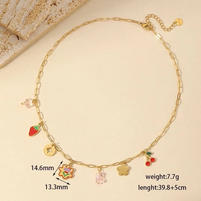 French Style Cherry Strawberry 304 Stainless Steel Imitation Pearl Imitating Stone 18K Gold Plated Enamel Plating Inlay Multi Charms Necklace