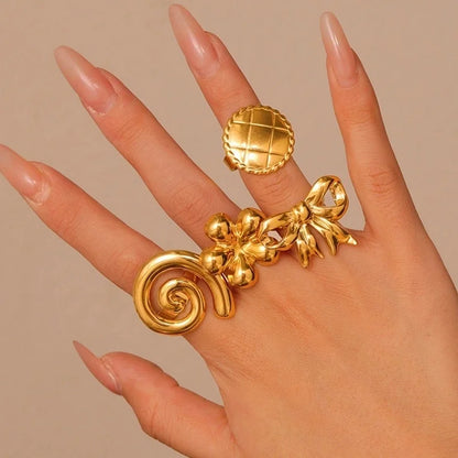 1 Piece Temperament 18K Real Gold Stainless Steel Glossy Spiral Bow Chessboard Lattice Flower Adjustable Ring Women Holiday Gift