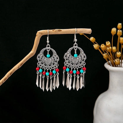 Bohemian Blue Turquoise National Style Earrings Imitation Miao Silver Metal Earrings Vintage Tassel Earrings