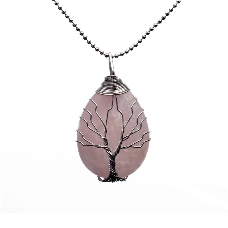 Retro Minimalist Tree Water Droplets Stainless Steel Natural Stone Agate Pendant Necklace In Bulk