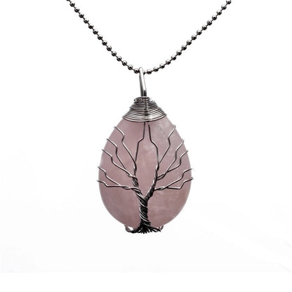Retro Minimalist Tree Water Droplets Stainless Steel Natural Stone Agate Pendant Necklace In Bulk