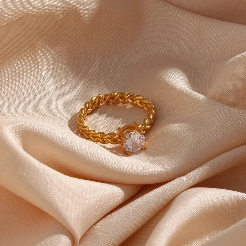 Glam Geometric 304 Stainless Steel Zircon 18K Gold Plated Inlay Open Ring