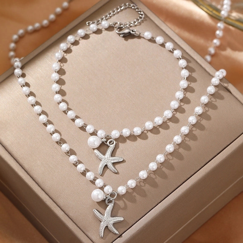 Sweet Starfish 304 Stainless Steel Imitation Pearl Plating Stainless Steel Jewelry Sets