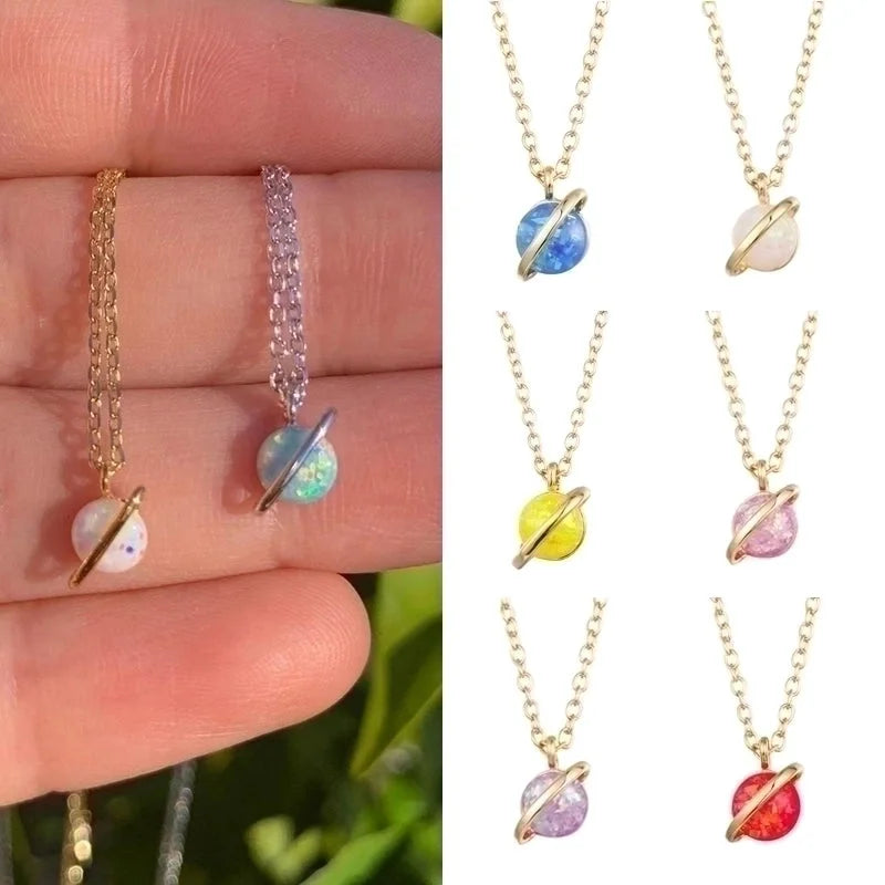 Minimalist Planet Copper Gold Plated Inlay Artificial Gemstones Pendant Necklace 1 Piece