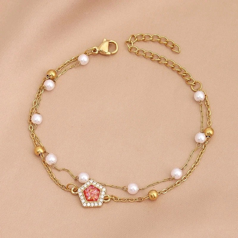 Baroque Style Minimalist Geometric Stainless Steel Artificial Pearl Handmade Inlay Zircon Bracelets