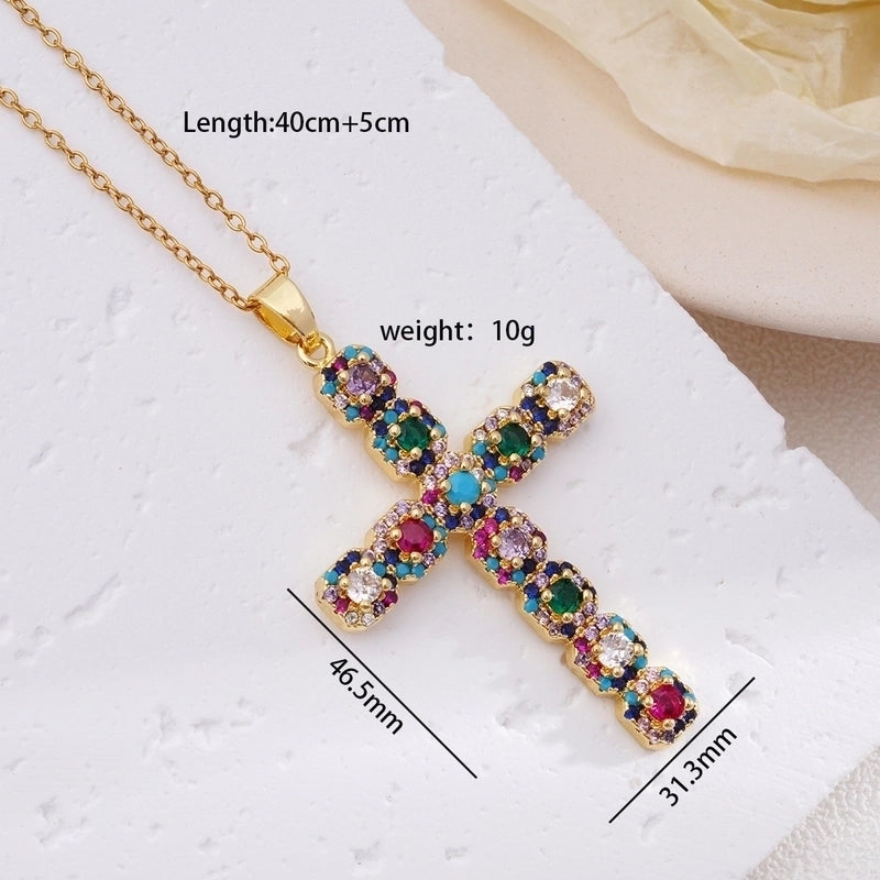 304 Stainless Steel Copper Inlay Cross Zircon Pendant Necklace