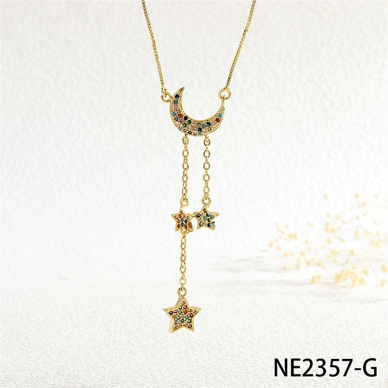 Copper Box Chain Inlay Star Moon Zircon Pendant Necklace