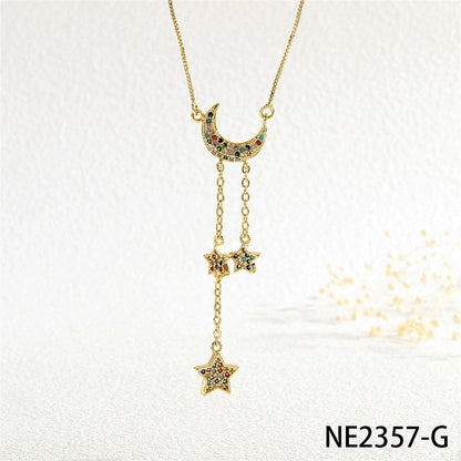 Copper Box Chain Inlay Star Moon Zircon Pendant Necklace