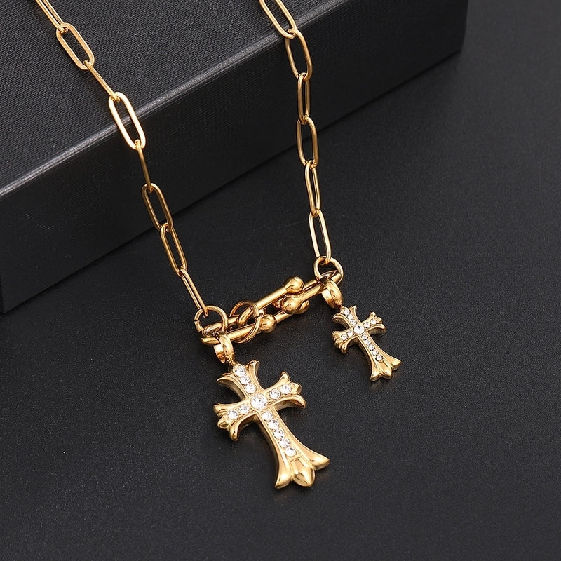 Classic Style Cross 304 Stainless Steel Rhinestones 18K Gold Plated Chain Pendant Necklace
