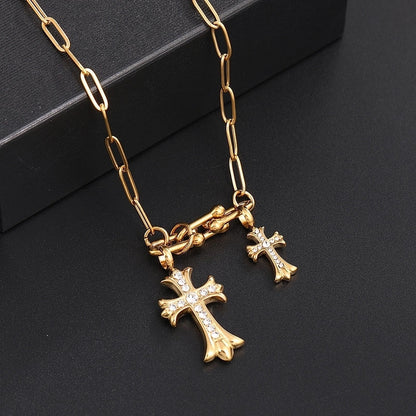 Classic Style Cross 304 Stainless Steel Rhinestones 18K Gold Plated Chain Pendant Necklace