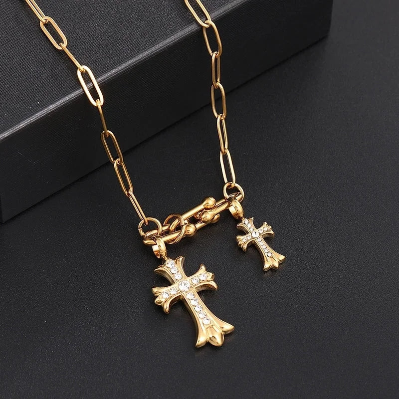 Classic Style Cross 304 Stainless Steel Rhinestones 18K Gold Plated Chain Pendant Necklace