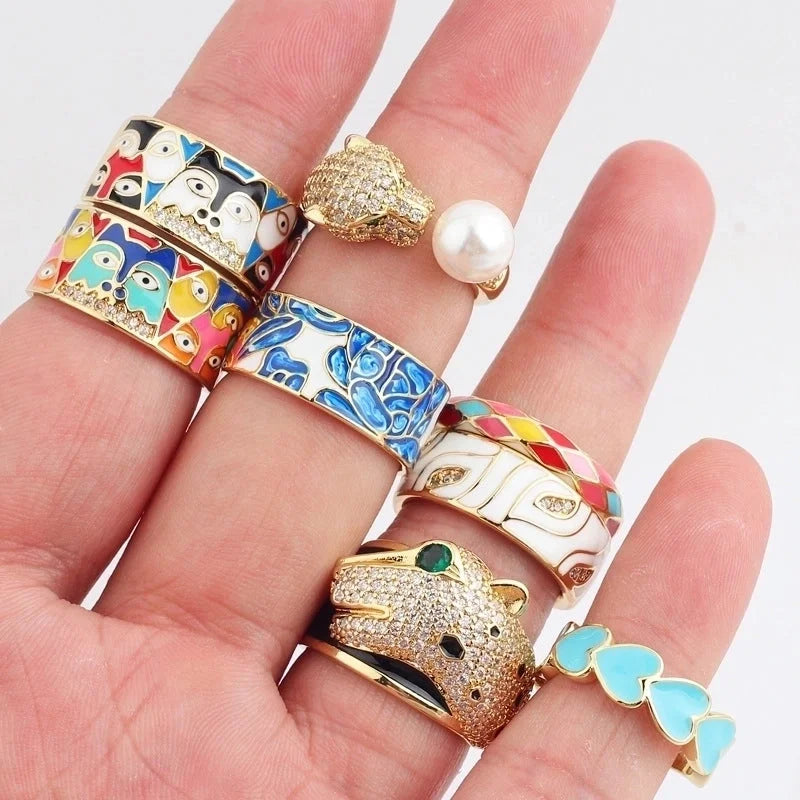 Retro Color Block Copper Open Ring Inlay Zircon Copper Rings