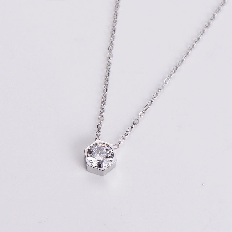 Stainless Steel 18K Gold Plated Rose Gold Plated Princess Wedding Shiny Plating Inlay Hexagon Zircon Pendant Necklace