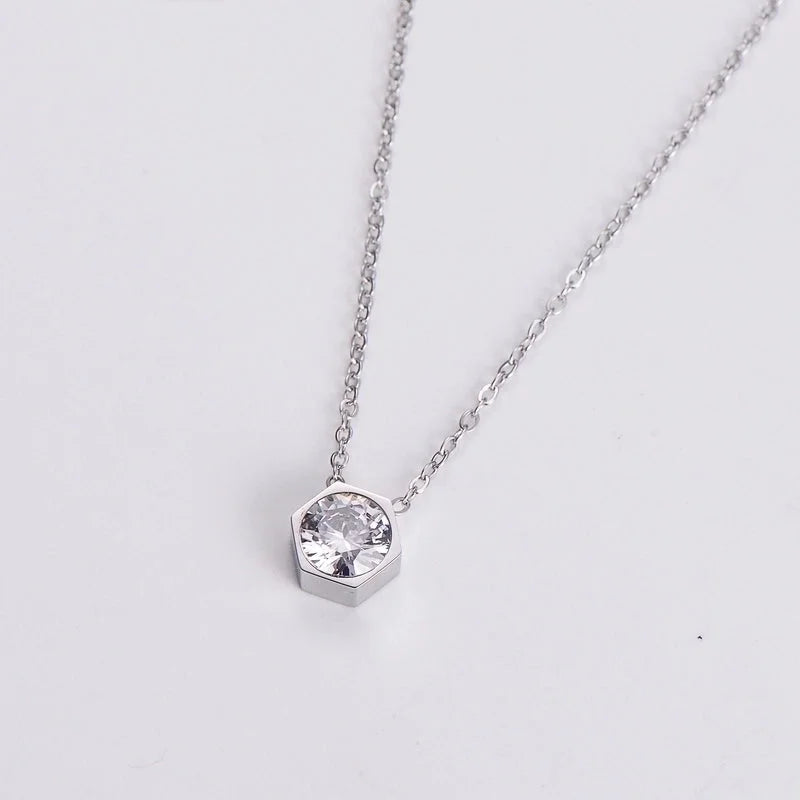 Stainless Steel 18K Gold Plated Rose Gold Plated Princess Wedding Shiny Plating Inlay Hexagon Zircon Pendant Necklace