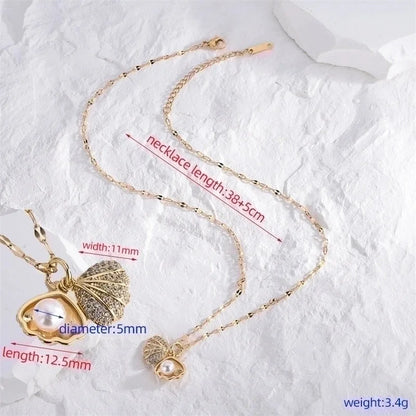 Casual Classic Style Artistic Shell Titanium Steel Artificial Pearls Rhinestones 18K Gold Plated Plating Inlay Necklace