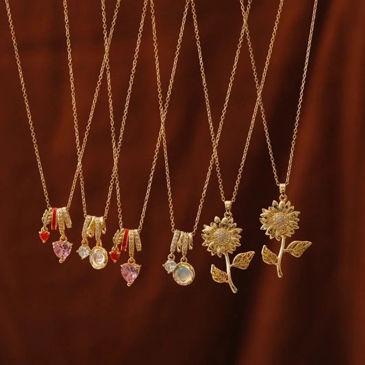 Sweet Commute Sunflower Heart Shape 304 Stainless Steel Zircon 16K Gold Plated 18K Gold Plated Stainless Steel Necklaces