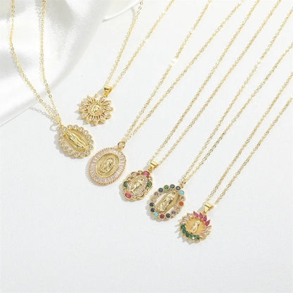 Vintage Style Minimalist Commute Round Copper Inlay 14K Gold Plated Zircon Pendant Necklace