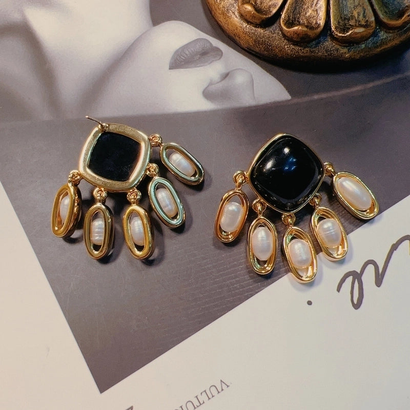 1 Pair Retro Color Block Heart Shape Pleated Inlay Copper Rhinestones Drop Earrings