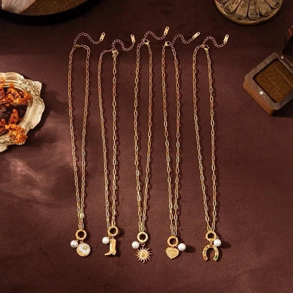 Minimalist Sun Moon Heart Shape 201 Stainless Steel 304 Stainless Steel Zircon 18K Gold Plated Beaded Pendant Necklace