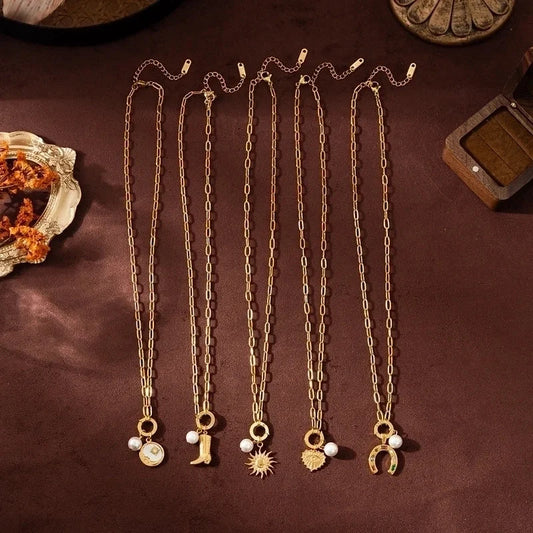 Minimalist Sun Moon Heart Shape 201 Stainless Steel 304 Stainless Steel Zircon 18K Gold Plated Beaded Pendant Necklace