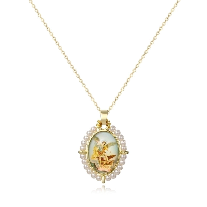 Copper 18K Gold Plated Inlay Human Virgin Mary Acrylic Imitation Pearl Pendant Necklace