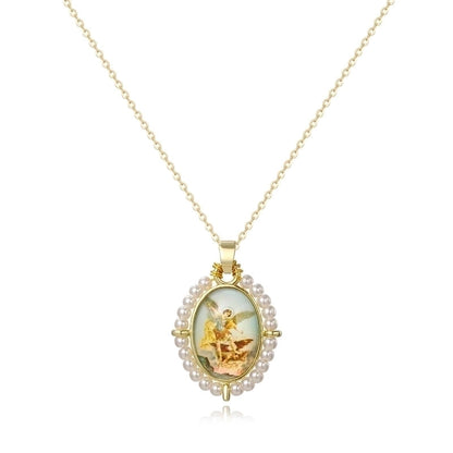Copper 18K Gold Plated Inlay Human Virgin Mary Acrylic Imitation Pearl Pendant Necklace