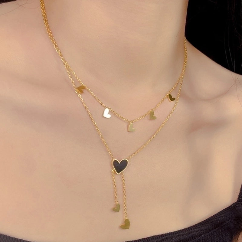 Sweet Minimalist Heart Shape Titanium Steel Plating Inlay Shell 18k Gold Plated Layered Necklaces
