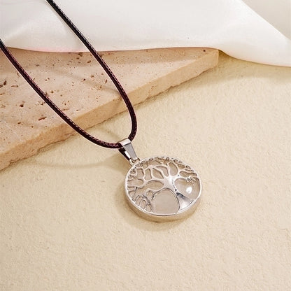 Ig Style Minimalist Round Tree Stainless Steel Natural Stone Leather Rope Inlay Natural Stone Pendant Necklace