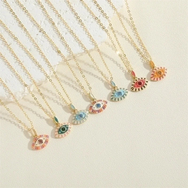 Retro Classic Style Devil's Eye Copper Enamel Plating Inlay Zircon 14k Gold Plated Pendant Necklace