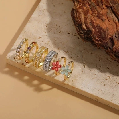 Minimalist Classic Style Round Flower Copper Asymmetrical Plating Inlay Zircon 14k Gold Plated Open Rings